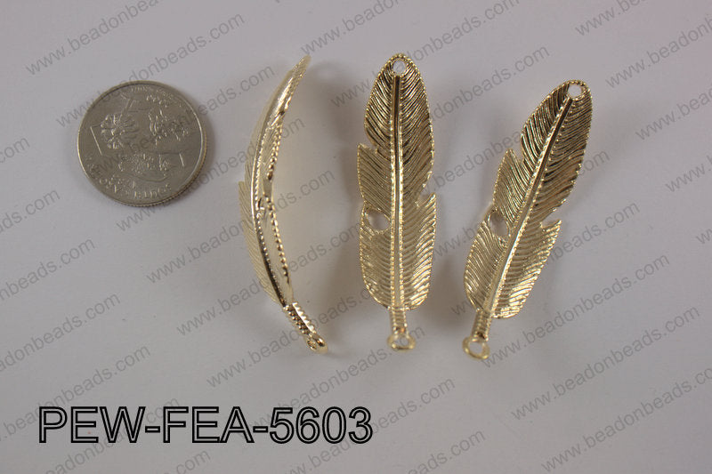 Pewter feather bar connector 15x56mm, light gold PEW-FEA-5603