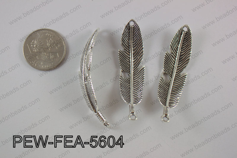 Pewter feather bar connector 15x56mm, silver PEW-FEA-5604