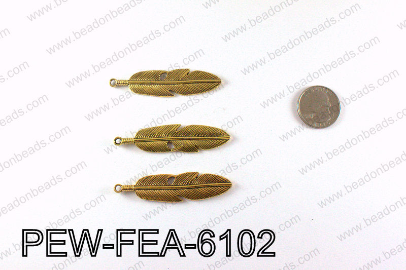 Pewter feather 61x15mm, Gold PEW-FEA-6102