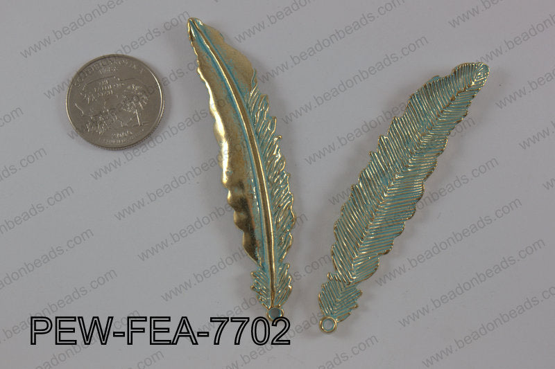 Pewter feather pendant 15x77 mm, patina finish PEW-FEA-7702