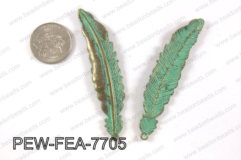 Pewter feather pendant 15x77 mm, patina finish PEW-FEA-7705