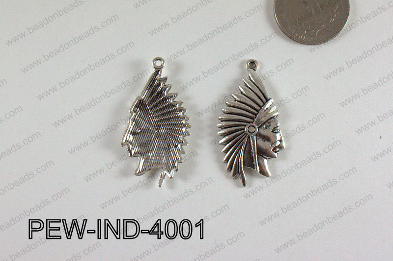 Pewter Indian Head Charm 20x40mm Silver PEW-IND-4001