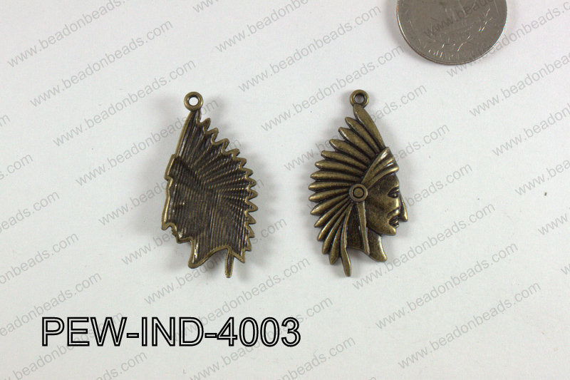 Pewter Indian Head Charm 20x40mm Bronze PEW-IND-4003