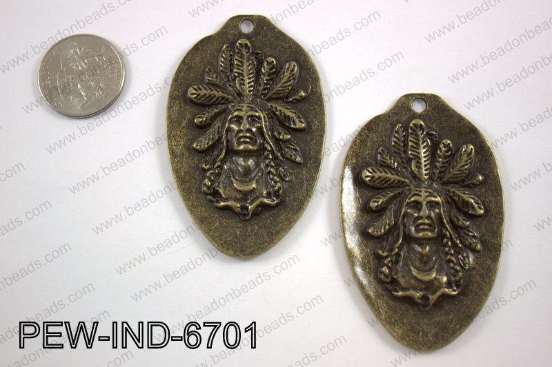 Pewter indian head pendant 67x42mm, brozne PEW-IND-6701