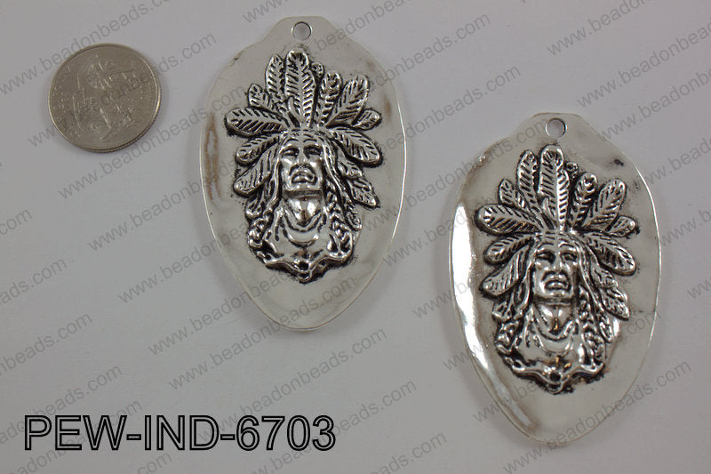 Pewter indian head pendant 67x42mm, silver PEW-IND-6703
