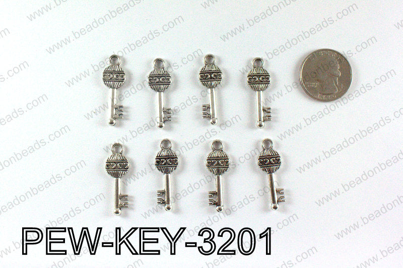 Key charm 32x11mm, Silver PEW-KEY-3201