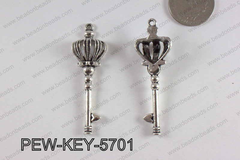 Pewter Crown Key Pendant 18X57mm Silver PEW-KEY-5701