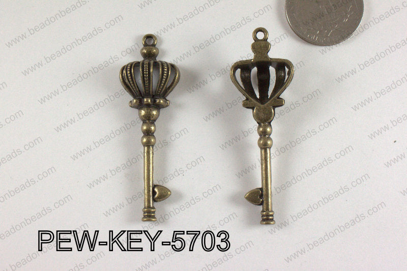 Pewter Crown Key Pendant 18X57mm Bronze PEW-KEY-5703