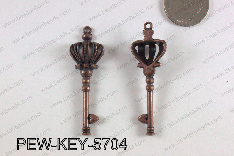 Pewter Crown Key Pendant 18X57mm Copper PEW-KEY-5704