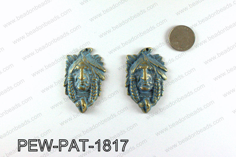 Indian head pendant with turquoise patina coating 58x35mm PEW-PA