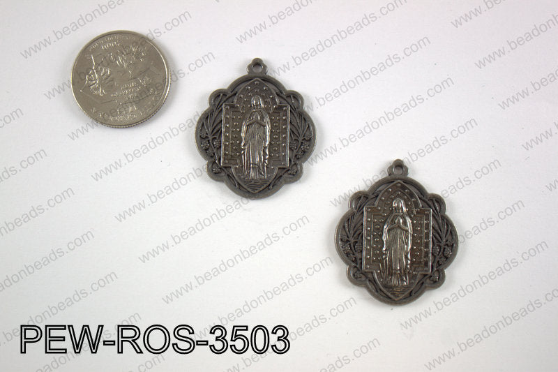 Pewter Mary rosary charm 30x35 mm, gun metalPEW-ROS-3503