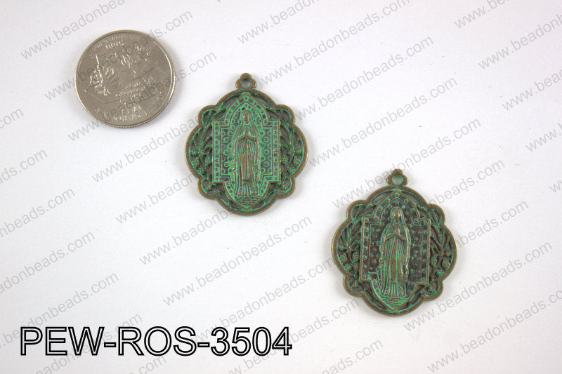 Pewter Mary rosary charm 30x35 mm, patina finish PEW-ROS-3504
