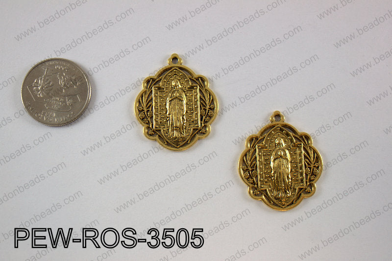 Pewter Mary rosary charm 30x35 mm, goldPEW-ROS-3505