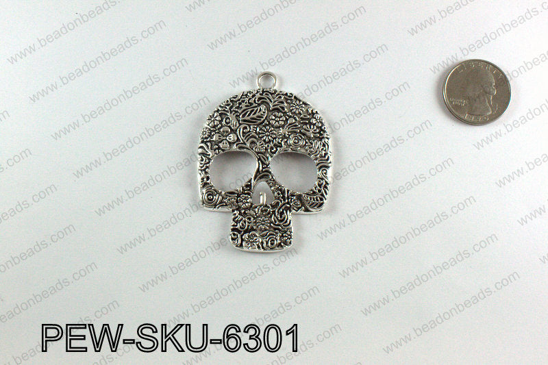 Pewter large skull pendants 63x45mm, Silver PEW-SKU-6301