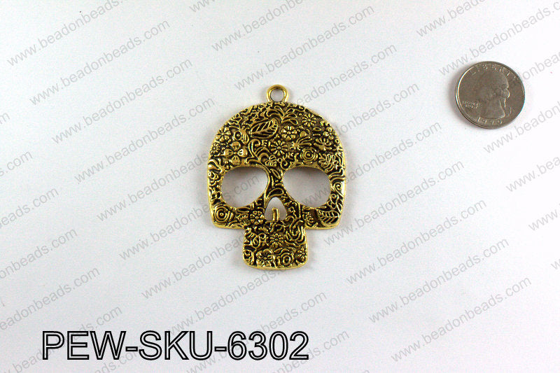 Pewter large skull pendants 63x45mm, Gold PEW-SKU-6302