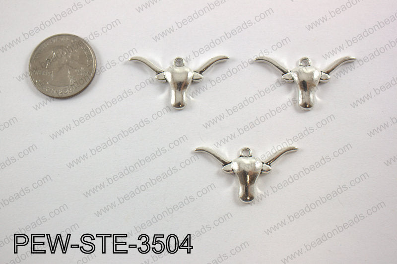 Pewter longhorn charm 20x35mm, anti silver PEW-STE-3504