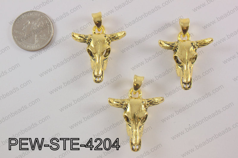 Pewter steer head pendant 30X 42 mm, gold PEW-STE-4204