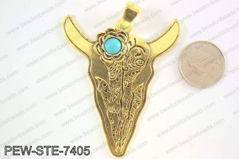 Steer head pendant w/ howlite 70x60mm, gold PEW-STE-7405