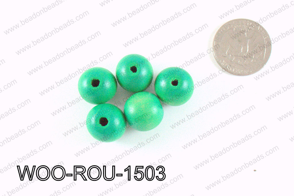 Round Wood Beads Green 15mm WOO-ROU-1503