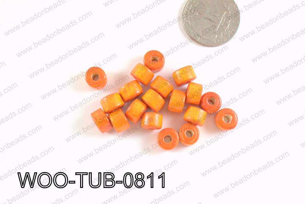 Tube Wood Beads Orange 6x8mm WOO-TUB-0811