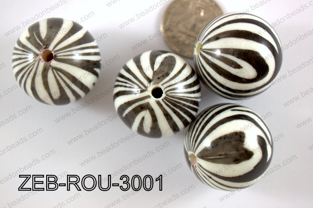 Zebra Acrylic Bead Round 30mm ZEB-ROU-3001