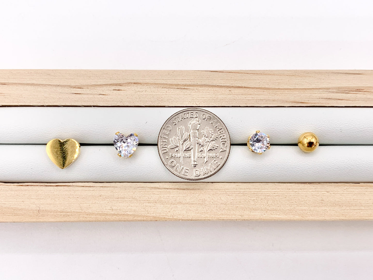 Stainless Steel Heart Round Solitaire Earring Studs in 18K Gold/Silver plated Stainless Steel 5 pairs