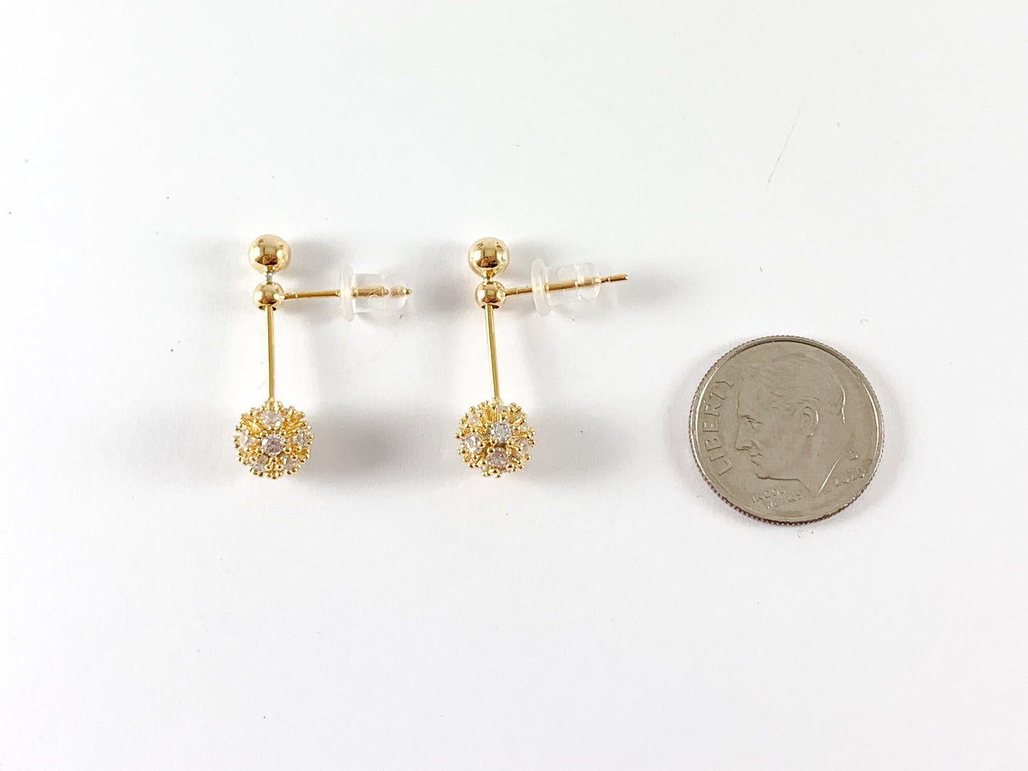 Real 18K Gold Plated CZ Pave Bead Ball Drop Earring Studs Over Copper 3 pairs