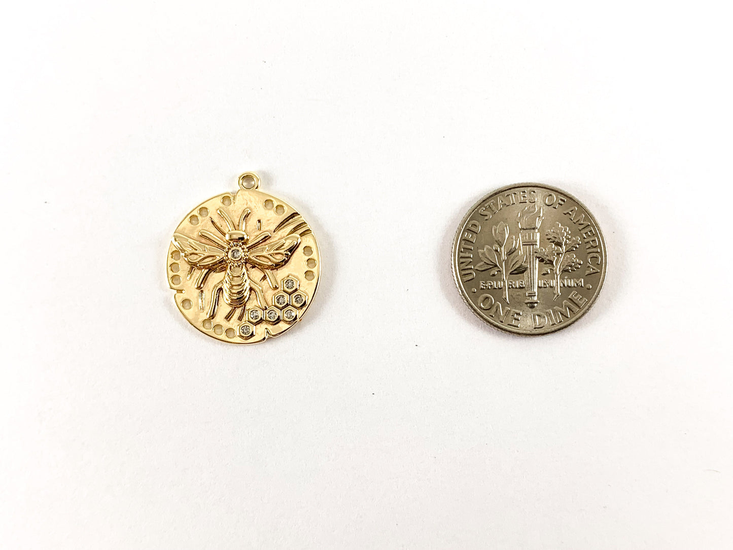 Real Gold 18K Plated Micro CZ Bee Coin Pave Charm Over Brass 8pcs