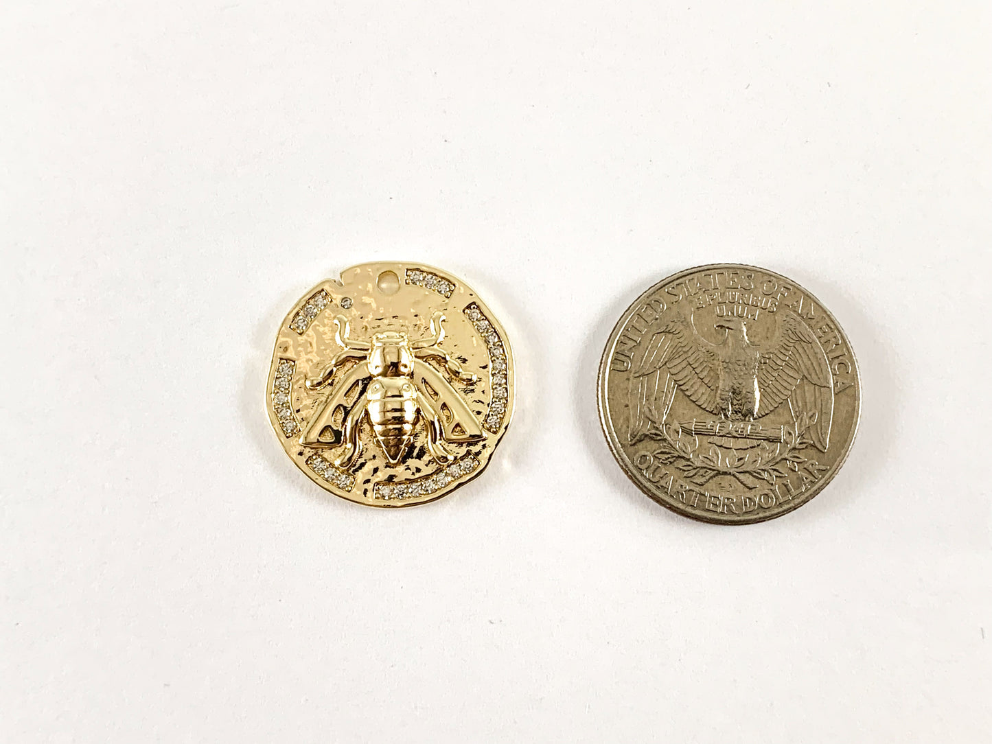 Real Gold 18K Plated Micro CZ Pave Bee Coin Pendant Over Copper 6pcs