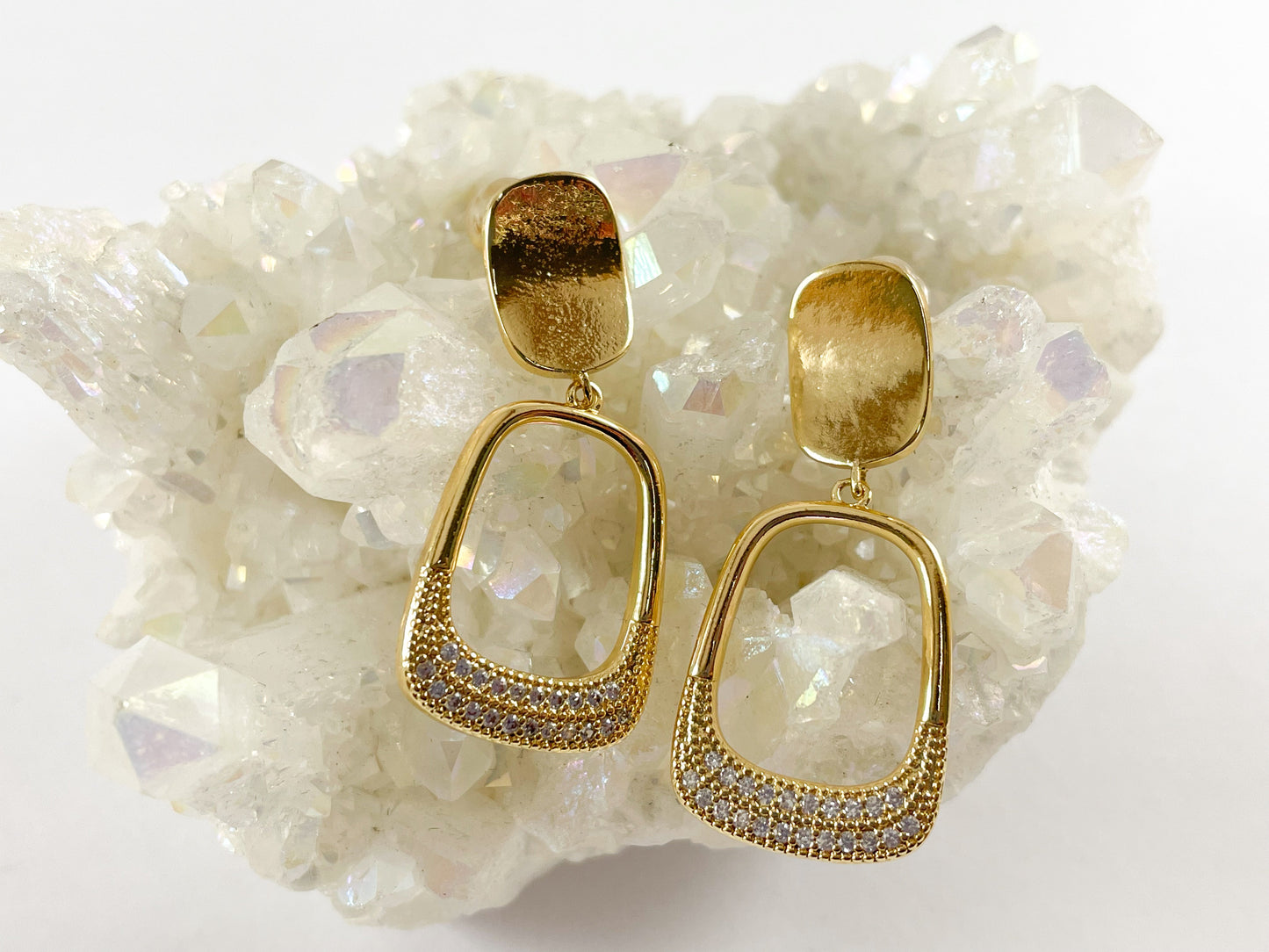 Gold/Platinum 18K Micro CZ Pave Dangle Bottle Cap Shape Earrings 3 pairs