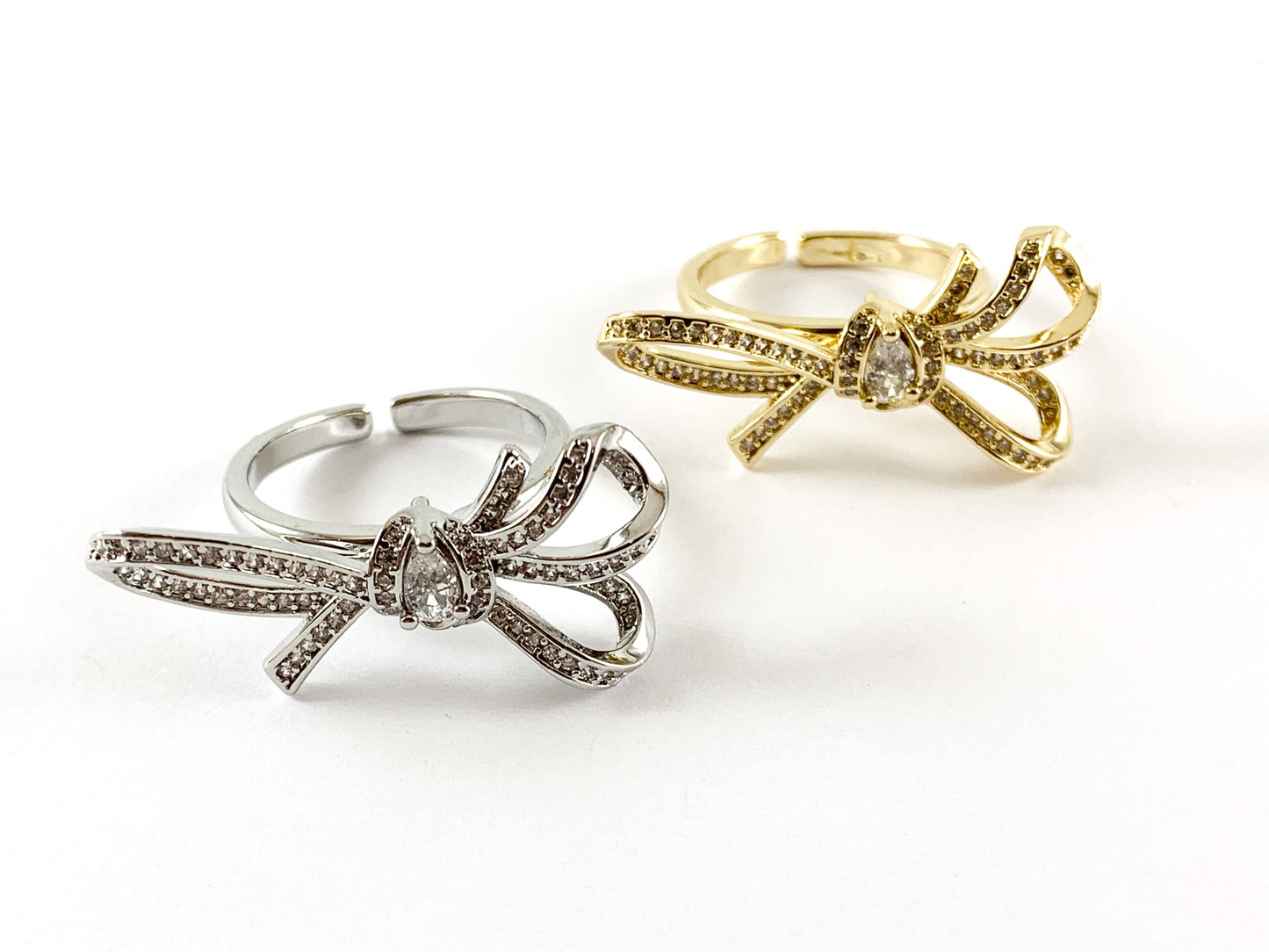 18K Real Gold/Platinum Plated CZ Pave Bowtie Statement Ring 3pcs