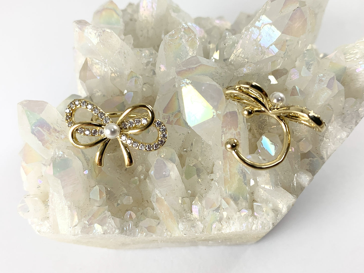 Real Gold 18K Plated Brass Glass Pearl CZ Pave Bowtie Ear Cuffs (No Piercing!!) 5pcs