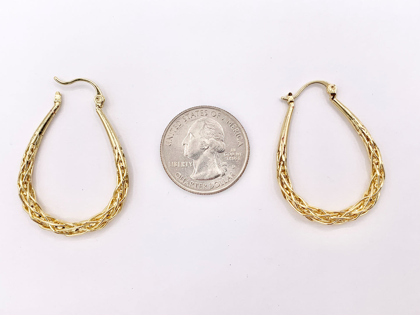 Real 18K Gold Plated Twisted Braided Teardrop Hoop Latch Back Earring Over Copper 3 pairs
