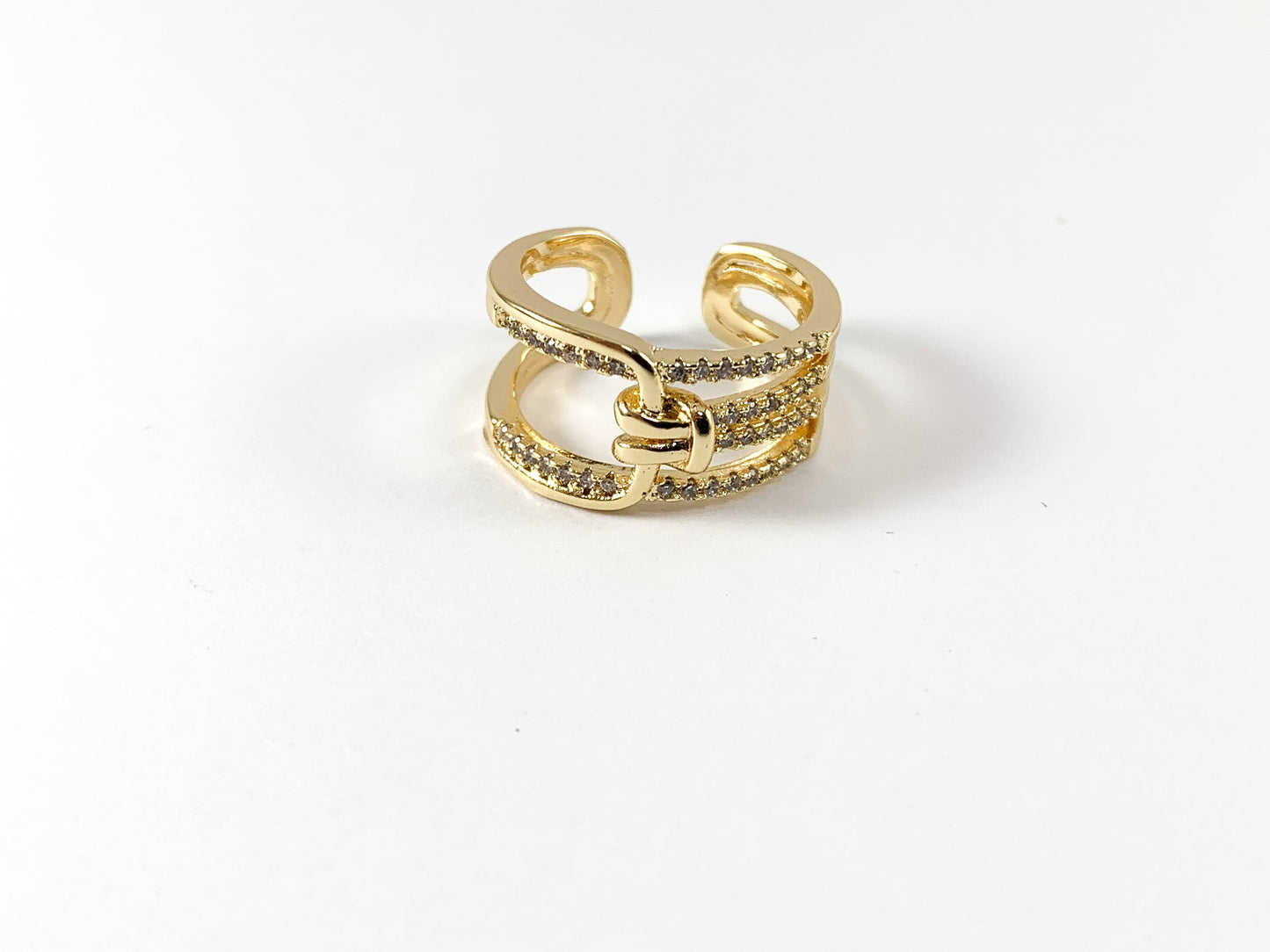 Real Gold 18K Plated Copper CZ Pave Triple Band Buckle Adjustable Ring 4 pcs