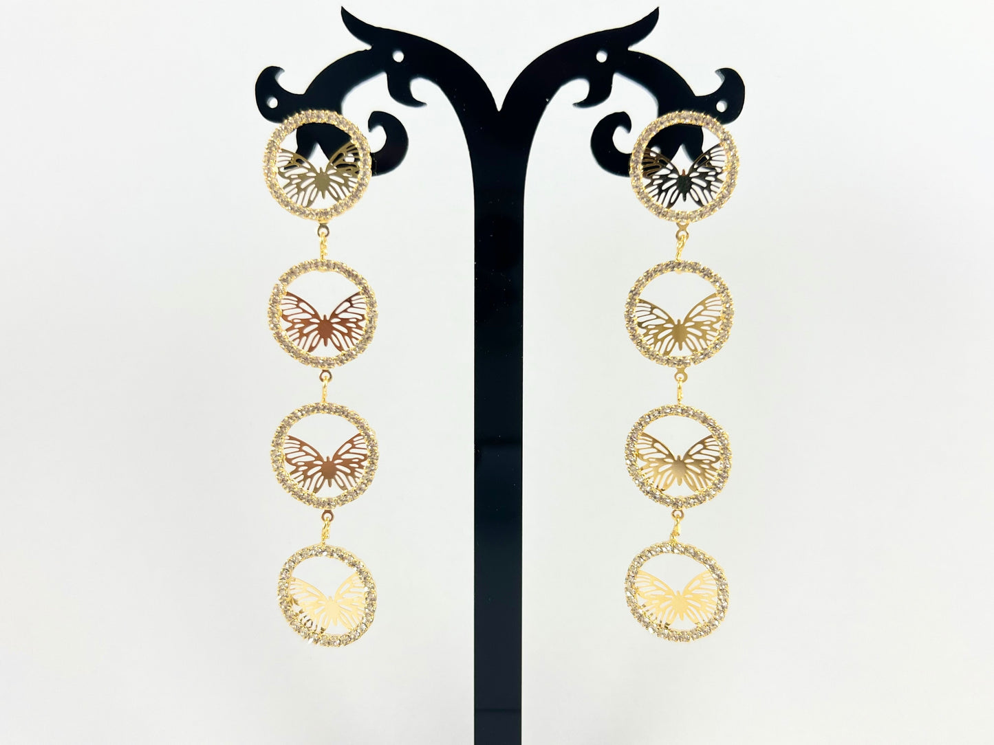 Gold CZ Butterfly Circle Coin Dangle Earrings in 18K Gold Plating over Copper 2 pairs