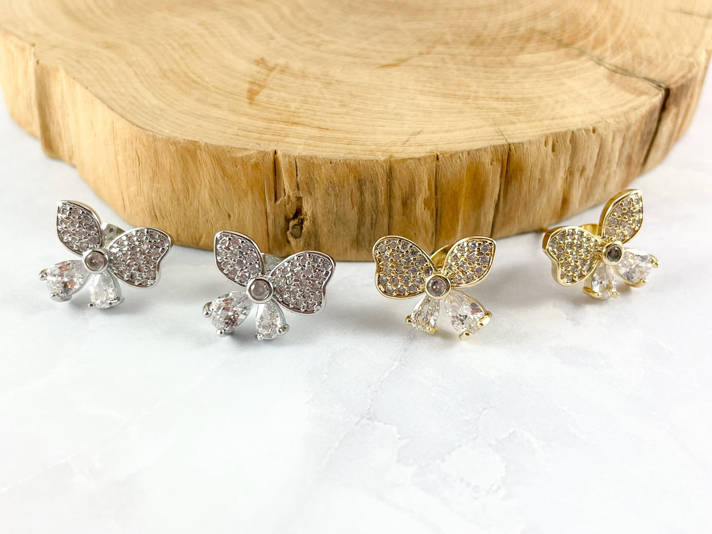 Real 18K Gold / Platinum Plated Pave Butterfly Earring Stud Over Copper 5pairs