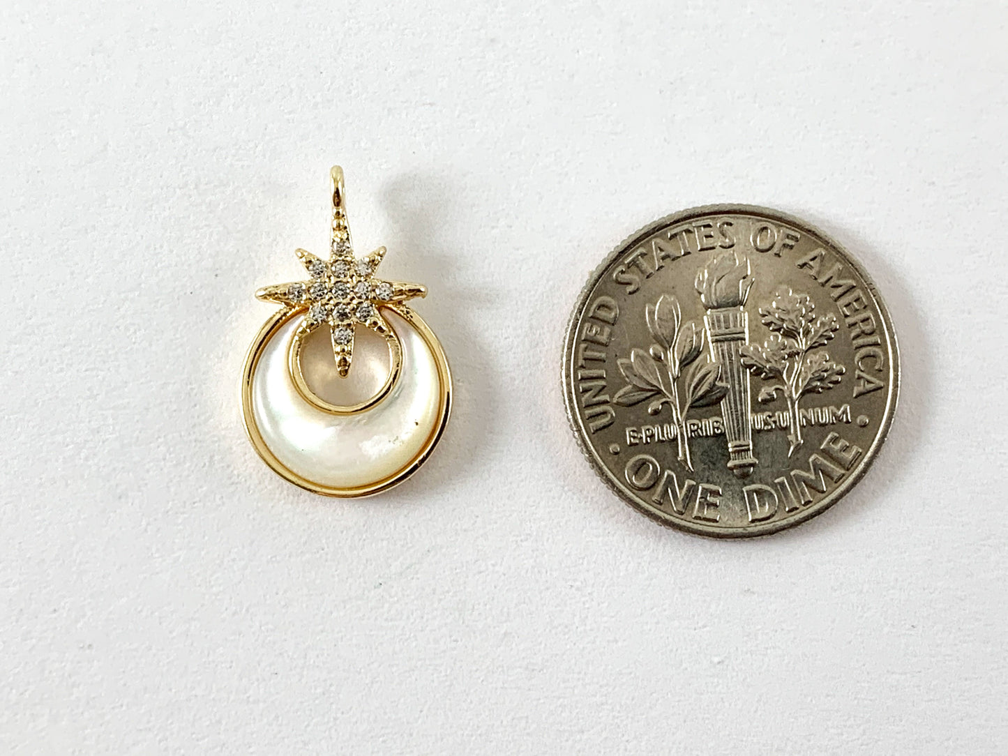 Real Gold Plated 18K Micro CZ Pave White Lip Shell Coin Charm with Stars Over Copper 6pcs