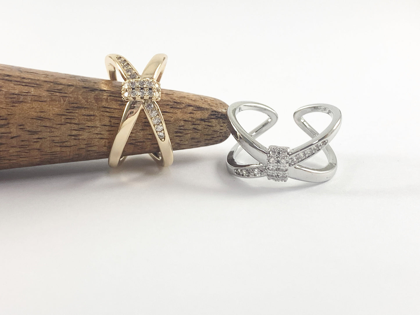 Real Gold 18K Plated Copper CZ Pave Criss Cross Adjustable Ring 4 pcs