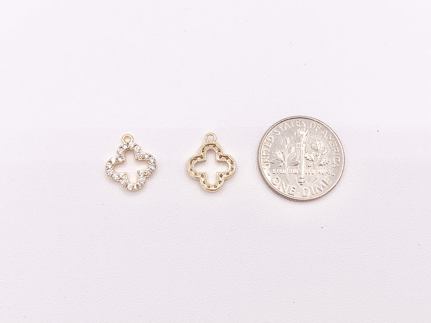 Real Gold 18K Plated Micro CZ Flower Quatrefoil Clover Pave Charms Over Brass 10pcs