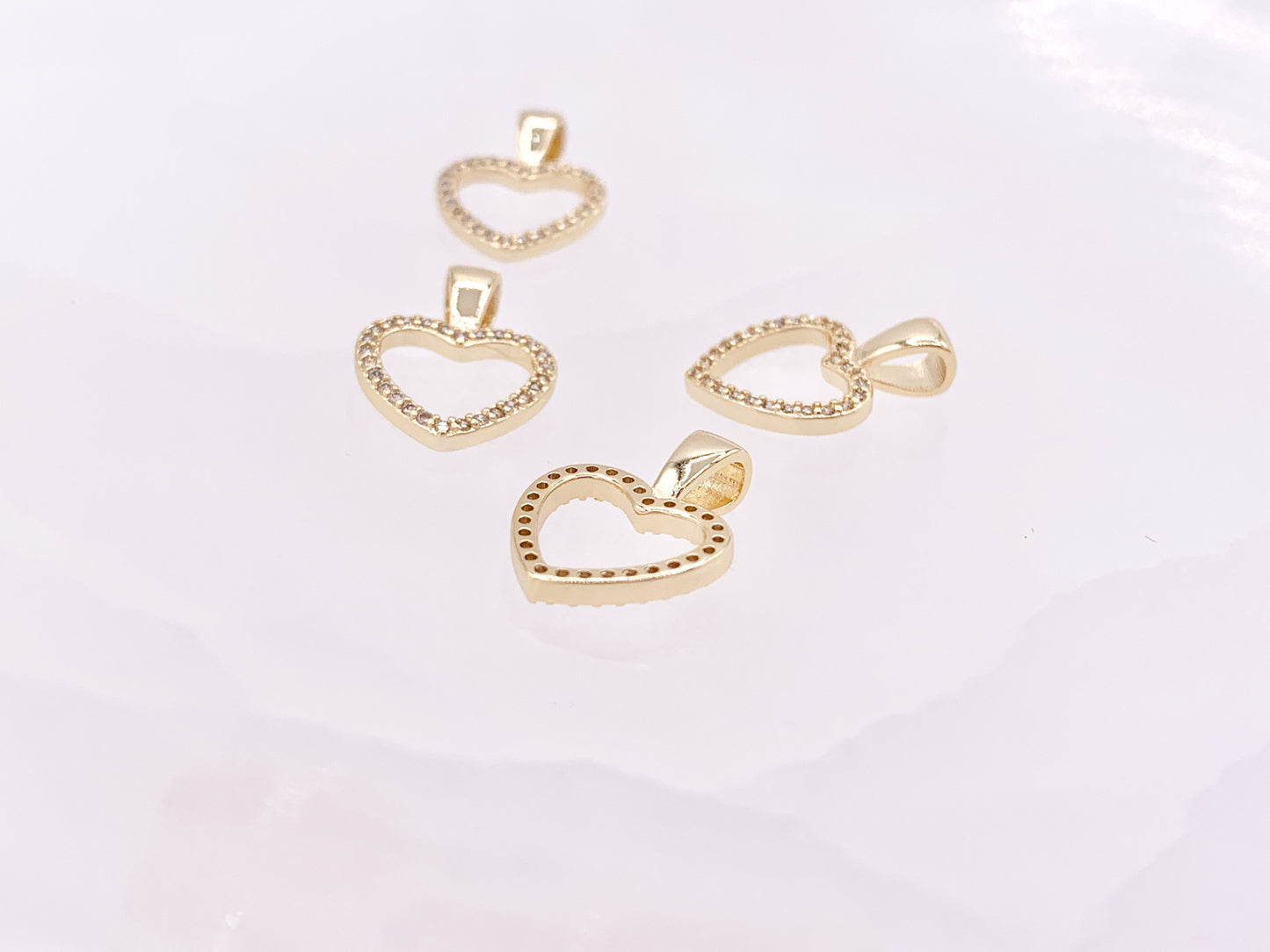 Dainty Heart Hollow Rhinestone Heart Charm Pendants in CZ Pave 18K Gold Plated Copper 10pcs