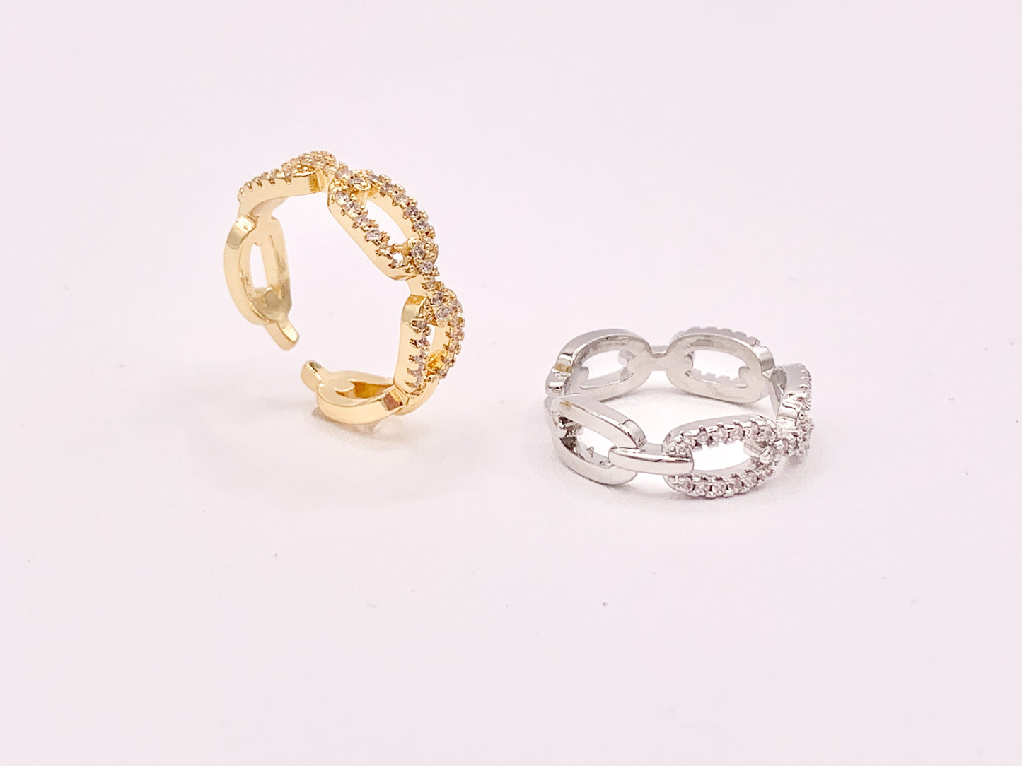 Dazzling Oval CZ Pave Link Rings in 18K Gold or Silver Plated Copper 4 pcs