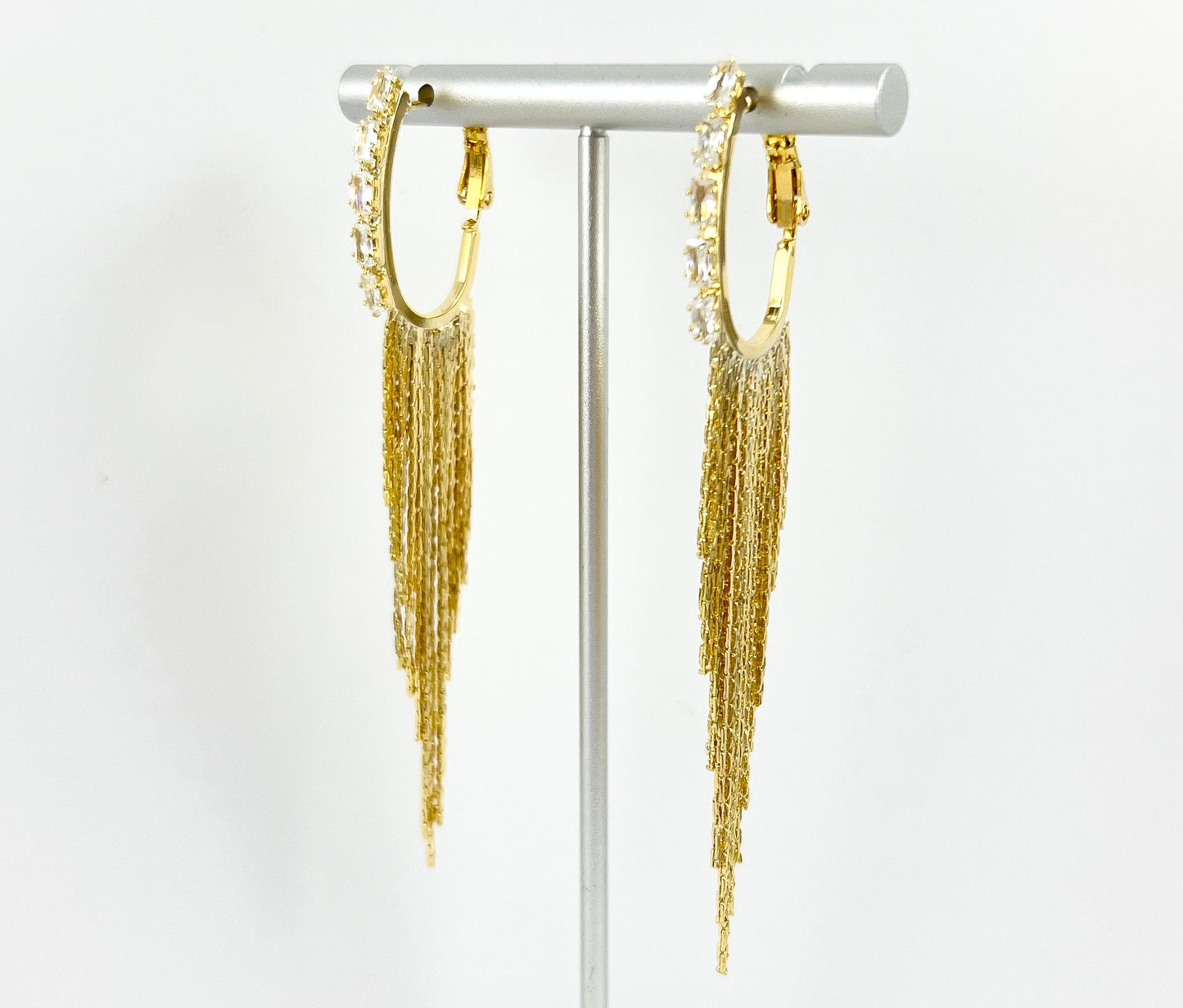 Gold Statement CZ Pave Tassel Earrings in 18K Gold or Silver plated over Copper 1 pair