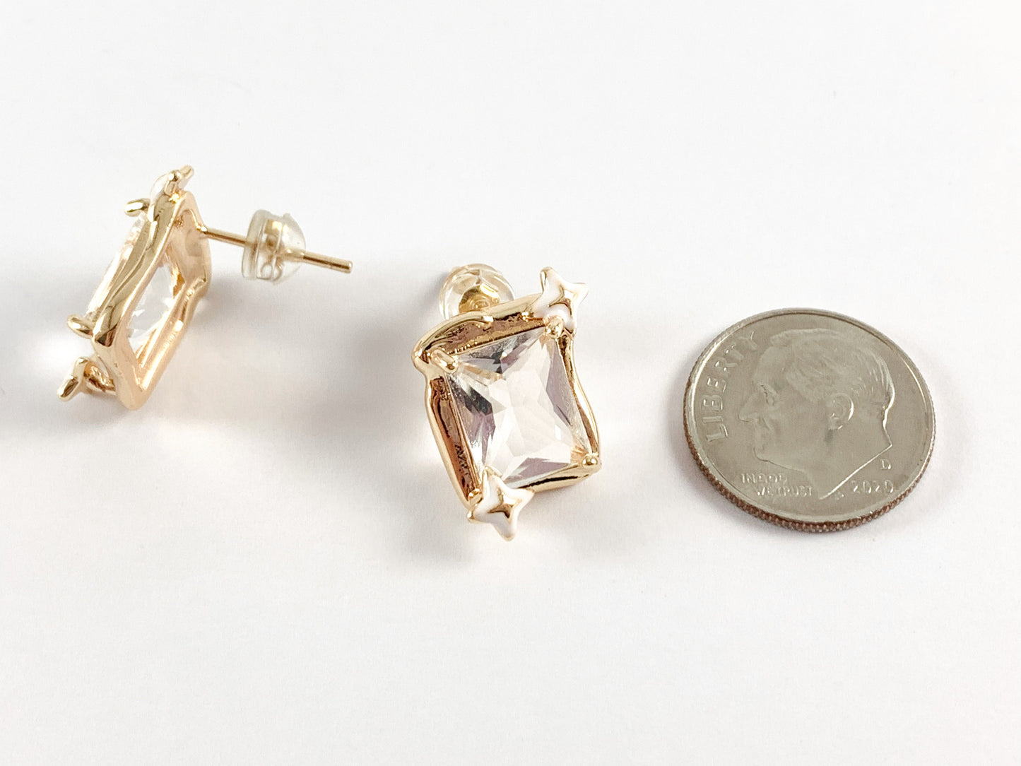 Dazzling Emerald Cut Gold Earring Studs in 18K Gold Plated Over Brass Earrings 3 PAIRS