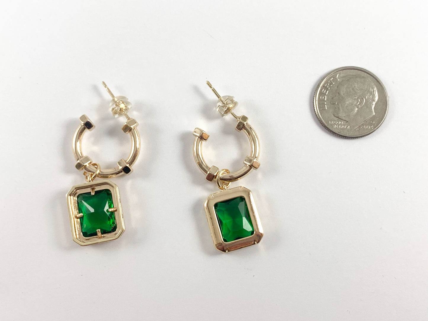Chic Rectangle Green Clear CZ Pave Dangle Hoop Huggies in 18K Gold or Silver plated over copper 3 pairs