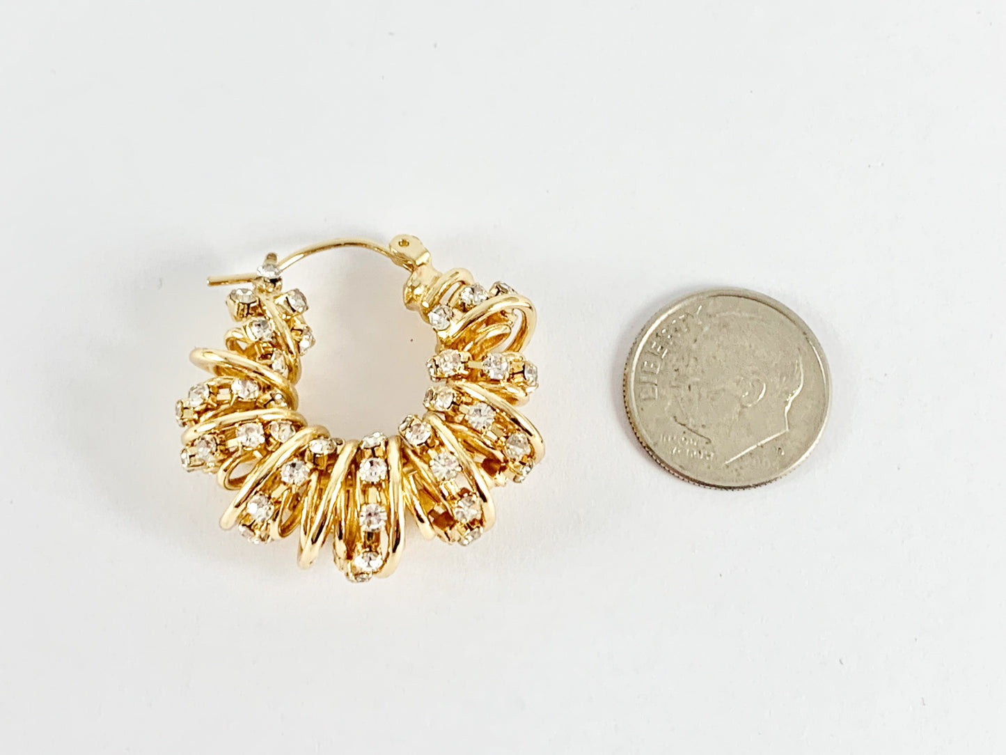 Bling Rhinestone Swirly Twirl Twisted Croissant Earring Hoops in 18K Gold Plated Copper 2 pairs