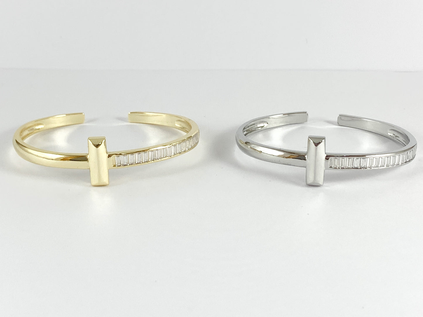 T Shaped CZ Pave Baguette Style Bracelet Cuffs in 18K Gold or Silver plated Copper 1 pc
