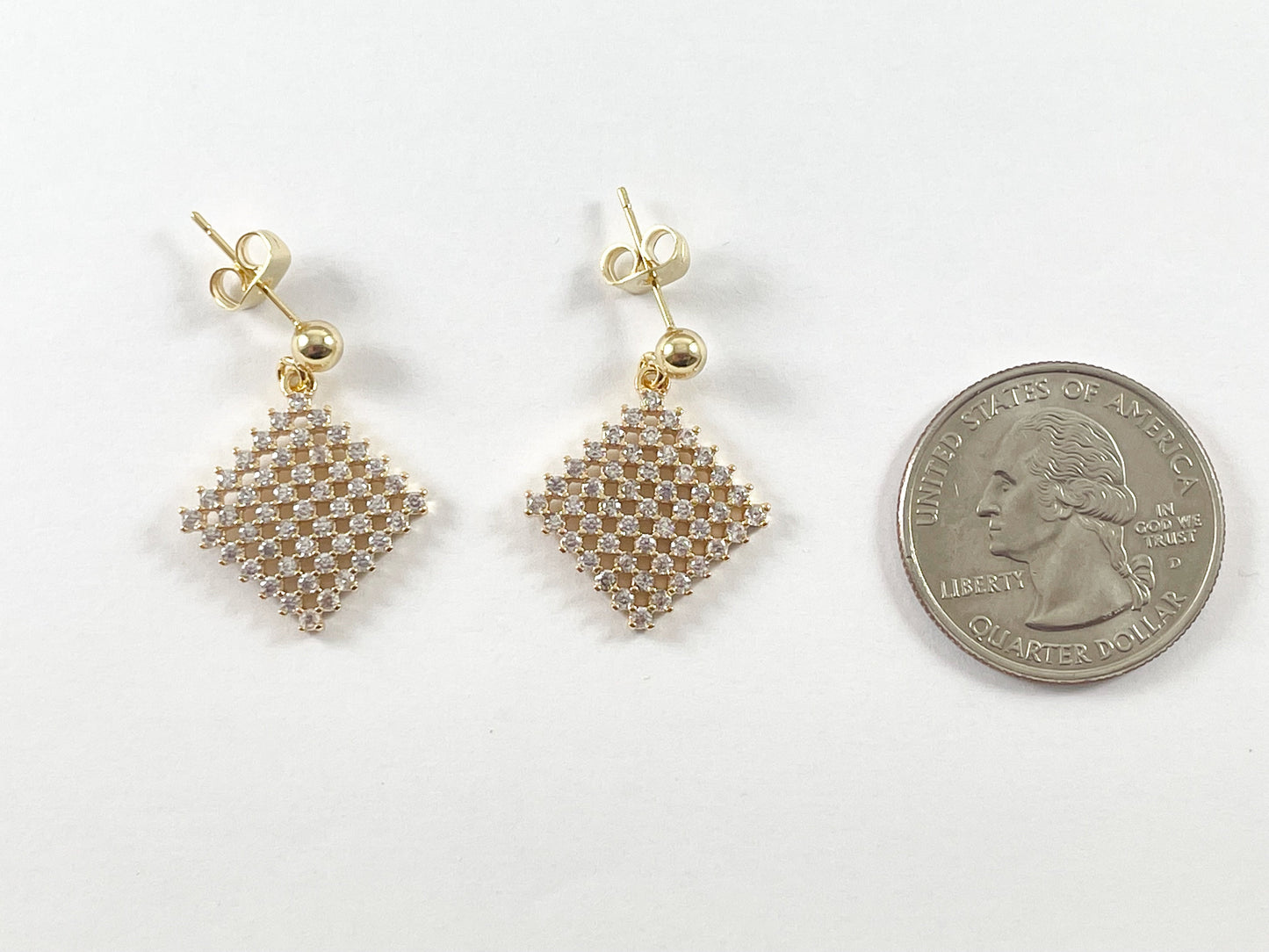 Real 18K Gold Plated CZ Pave Diamond Shape Earrings Over Copper 4pairs