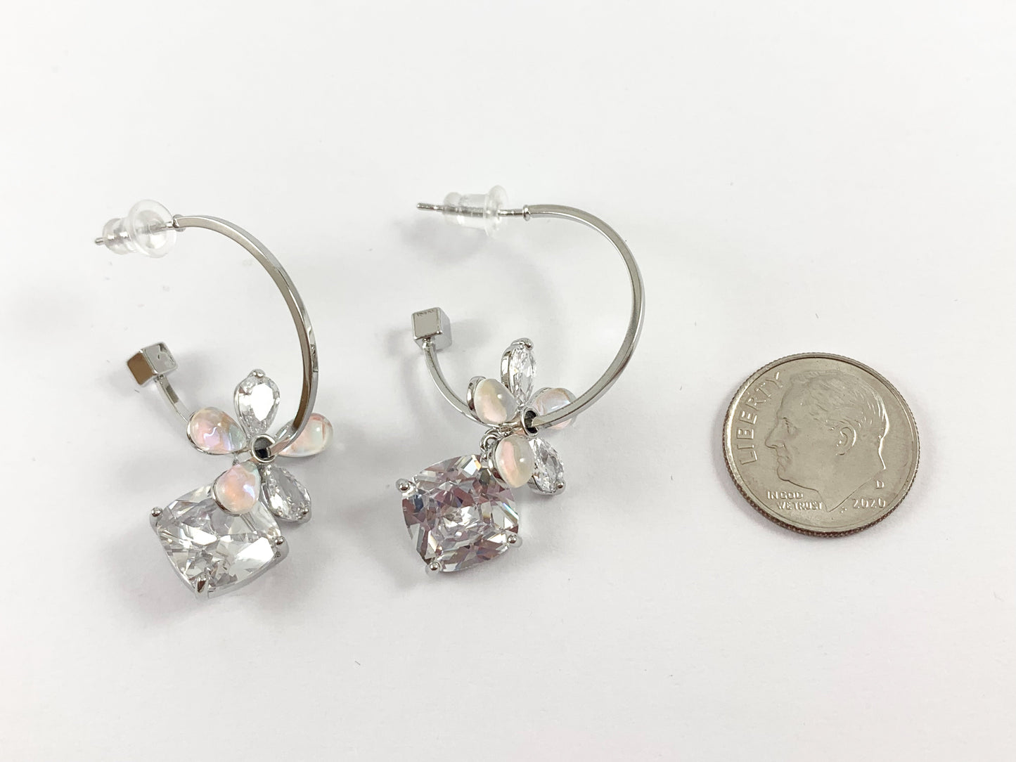 Daisy Diamond Shaped Rhinestone CZ Pave Dangle Earring Hoops in 18K Gold or Silver plated over Copper 2 pairs