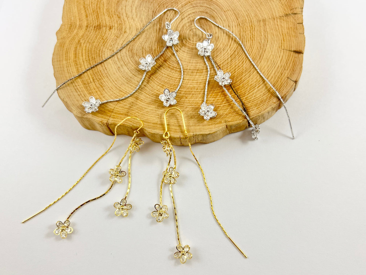 Gold or Silver CZ Daisy Floral Threader Dangle Earrings in 18K Gold Plating over Copper 2 pairs