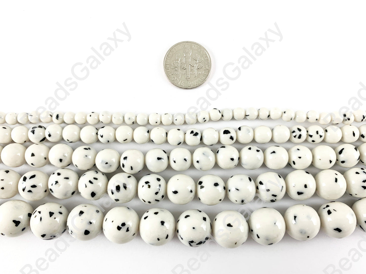 Dalmation Jade - Shiny Smooth Polka Dot Black Flake Round Beads around 15 inch Strands